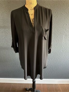 Lush Black Tunic Blouse L Longline V-Neck 3/4 Sleeve Work Office Top